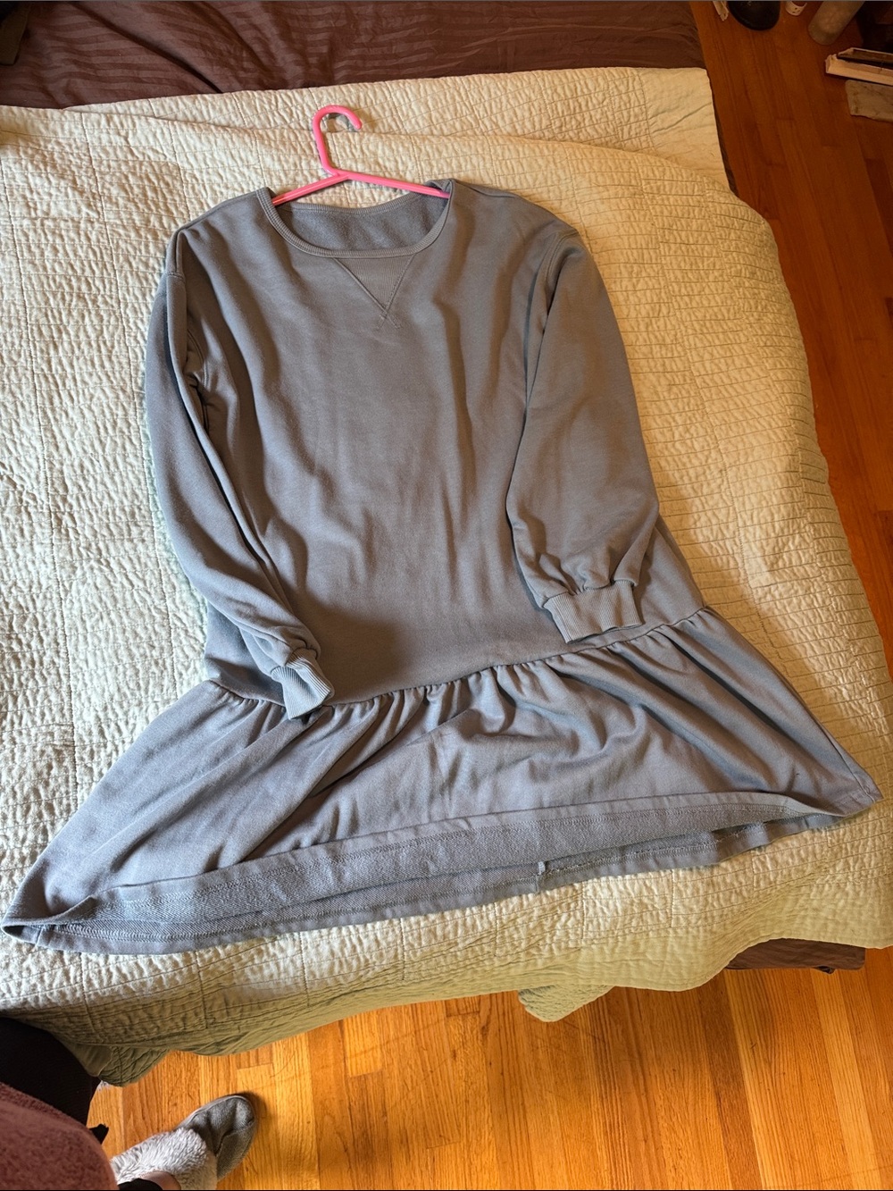 Casual Long Sleeve Ruffle Hem Dress in Light Gray